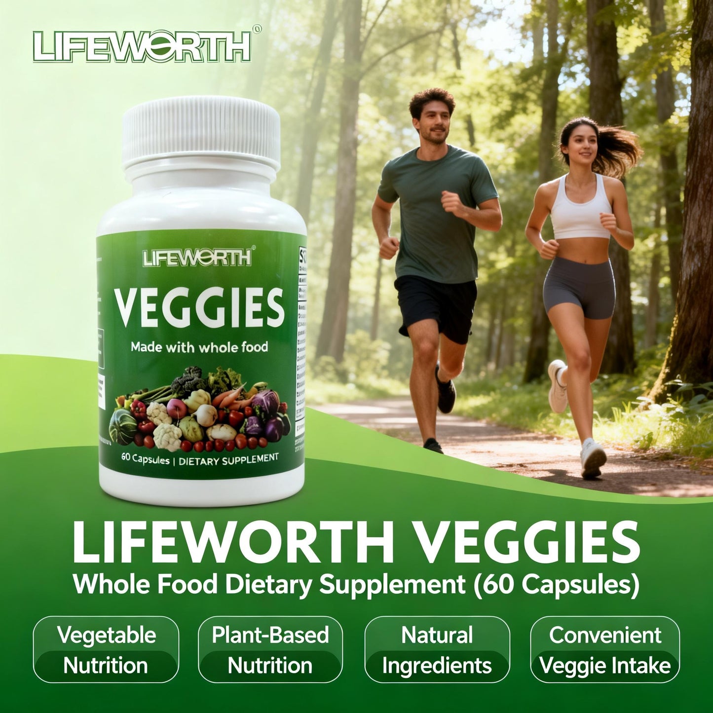 LIFEWORTH Whole Food Veggies Capsules - Daily Vegetable Nutrition Support (60 Count)