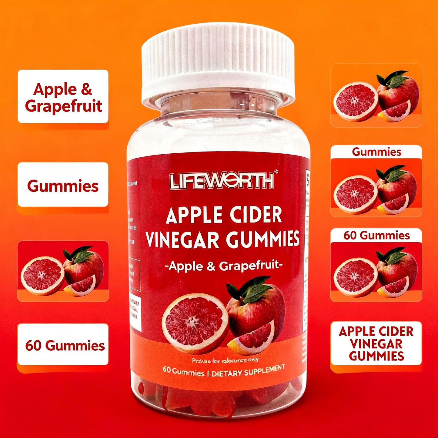 LIFEWORTH Apple & Grapefruit Apple Cider Vinegar Gummies - 60 Count Dietary Supplement
