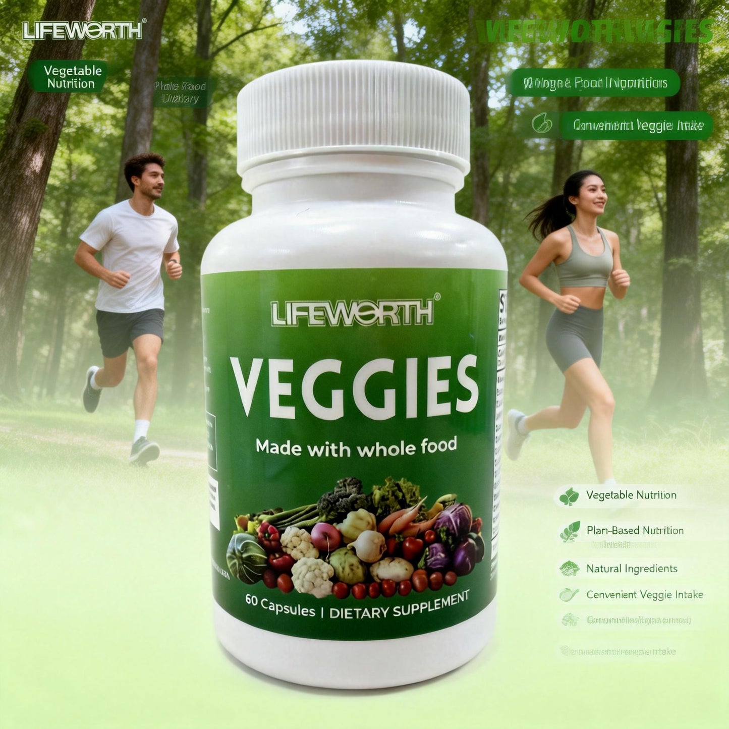 LIFEWORTH Whole Food Veggies Capsules - Daily Vegetable Nutrition Support (60 Count)
