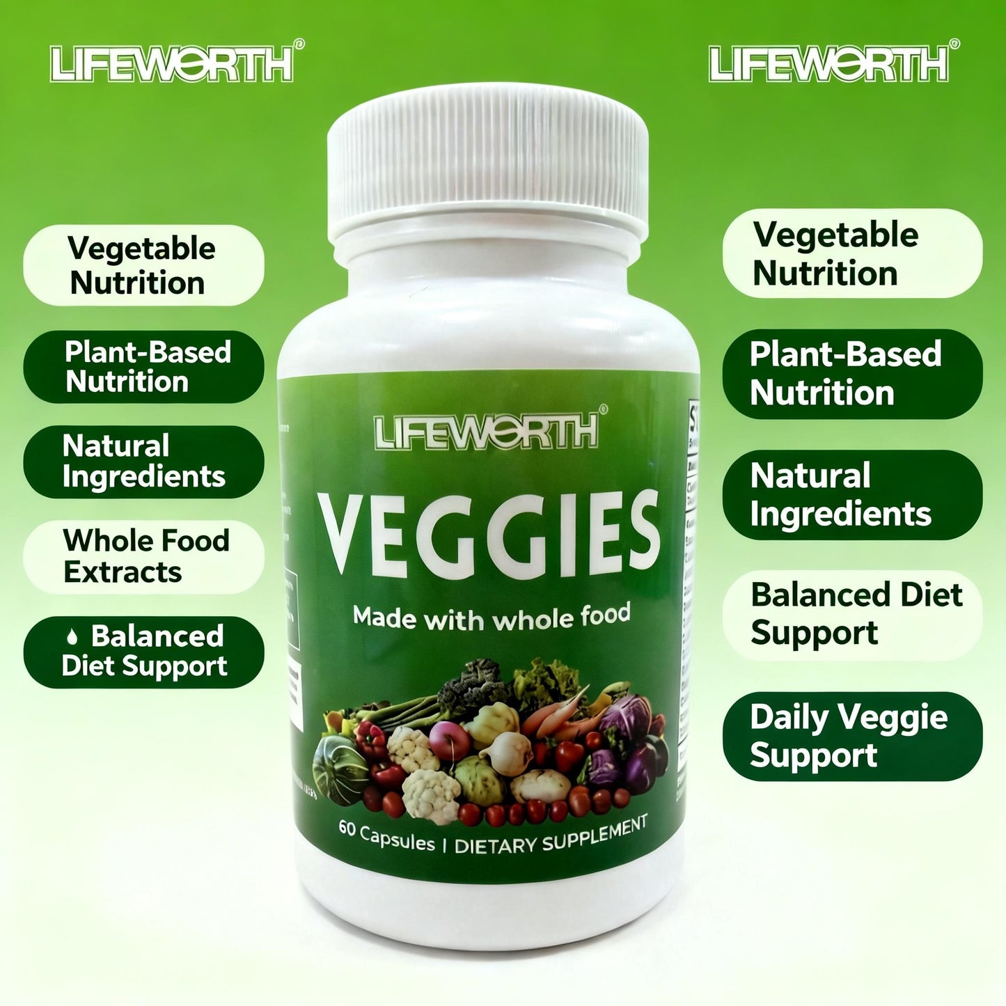 LIFEWORTH Whole Food Veggies Capsules - Daily Vegetable Nutrition Support (60 Count)